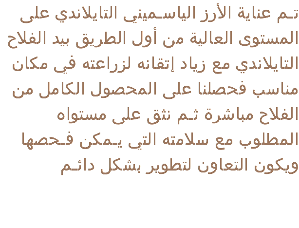  تـم عناية الأرز الياسـميني التايلاندي على المستوى العالية من أول الطريق بيد الفلاح التايلاندي مع زياد إتقانه لزراعته في مكان مناسب فحصلنا على المحصول الكامل من الفلاح مباشرة ثـم نثق على مستواه المطلوب مع سلامته التي يـمكن فـحصها ويكون التعاون لتطوير بشكل دائـم 